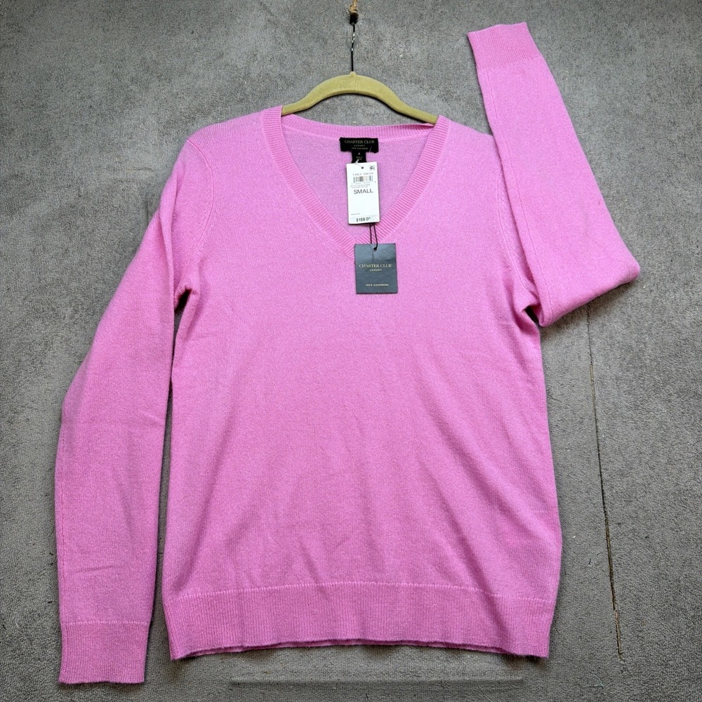 100% Cashmere V Neck Sweater‎ Pink Women's Small Charter Club NWT